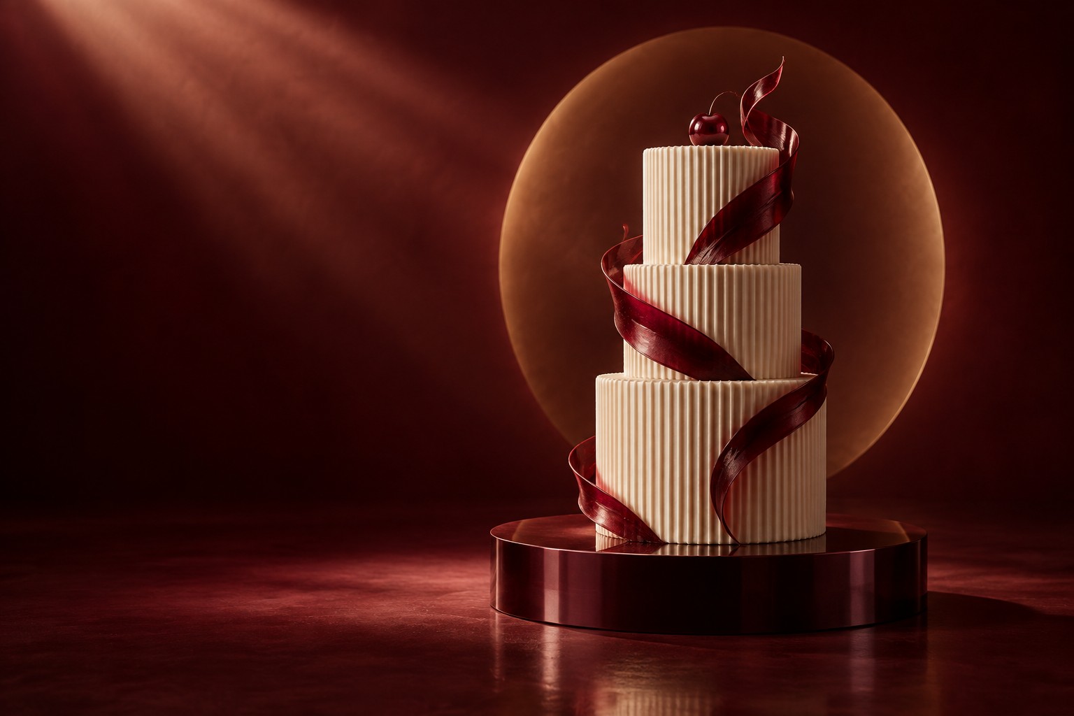 Original illustrative CGI cake scene in a burgundy studio